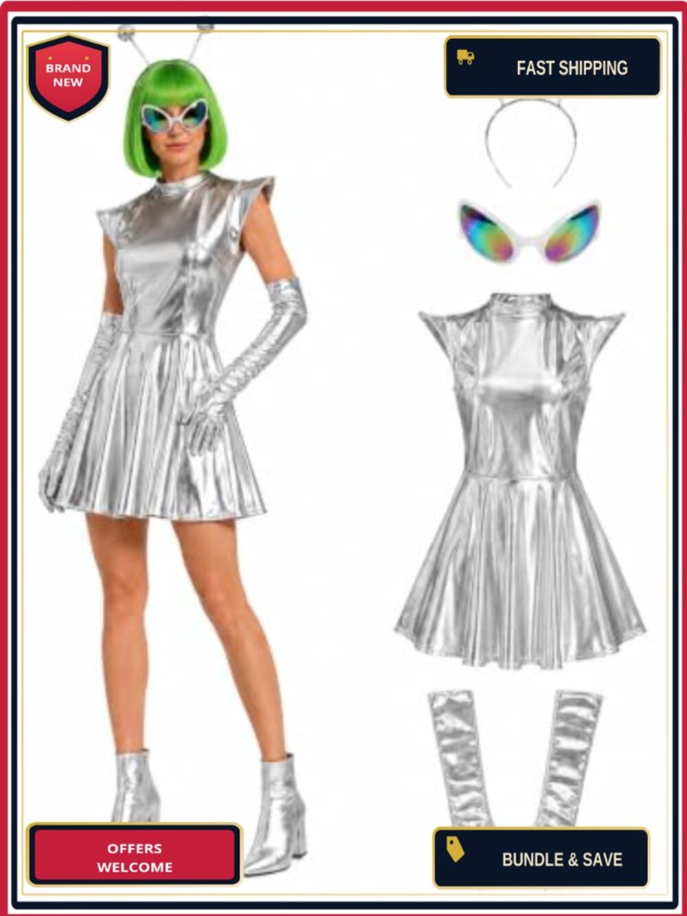 4-Piece Metallic Alien Costume Set Dress Gloves Headband Glasses Cosplay